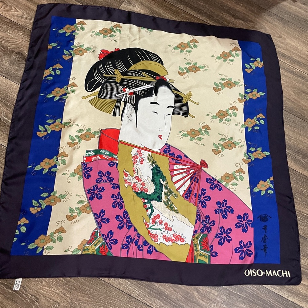 Vintage Japanese Silk Scarf Utamaro Geisha Art 30x30 Rare